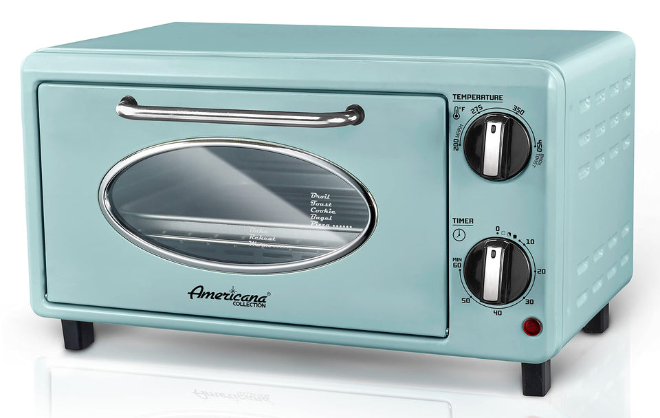 Elite Gourmet Americana mint toaster oven front view for quick breakfasts on the counter