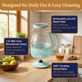 Kettle shows blue LED interior indicating active heating for easy monitoring.