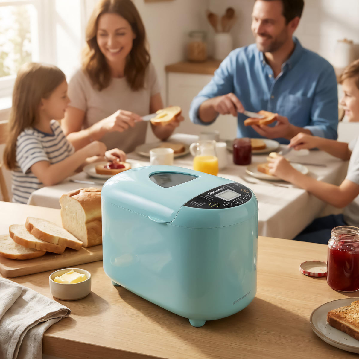 Elite Gourmet bread maker with 19 presets for diverse baking needs.