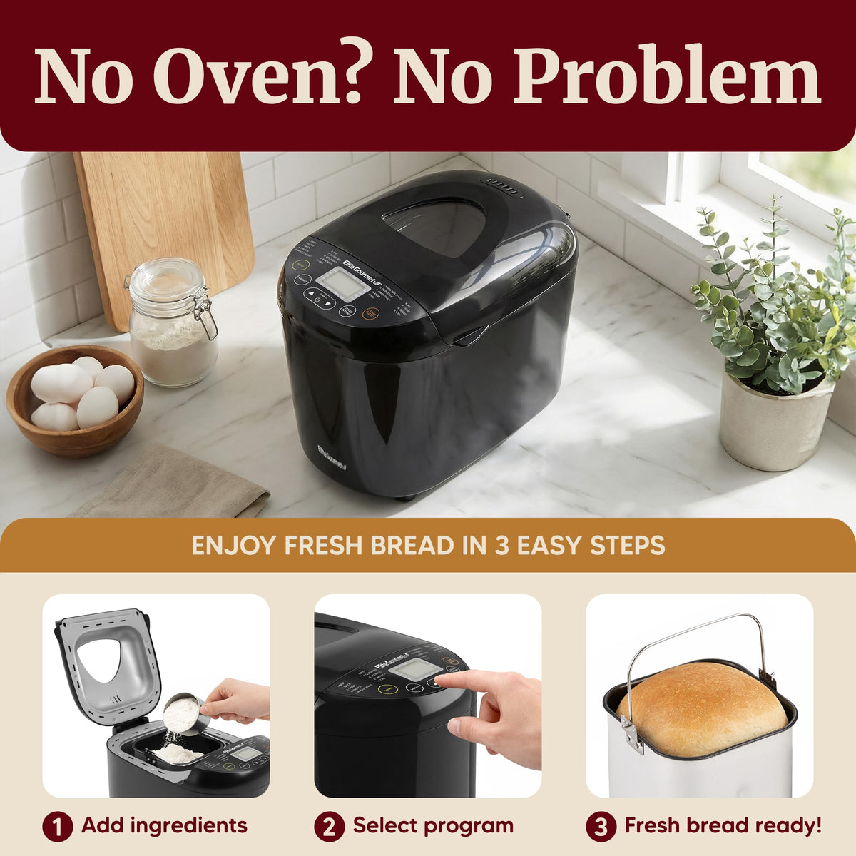 Elite Gourmet bread maker displaying a 2 lb loaf for family breakfasts