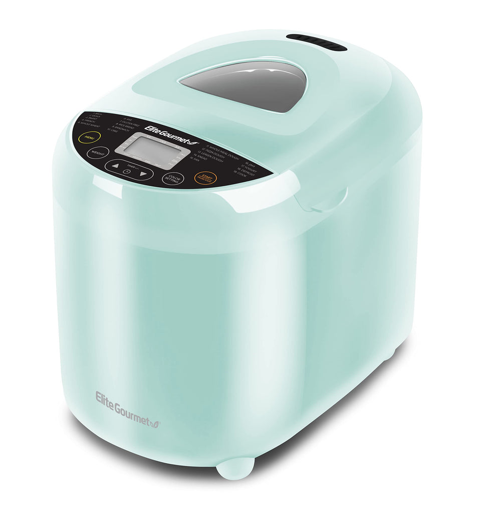 Elite Gourmet bread maker showcasing a 2 lb loaf in a mint kitchen setup.