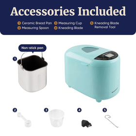 Elite Gourmet bread maker accessories included: pan, blade, cups, and tools.