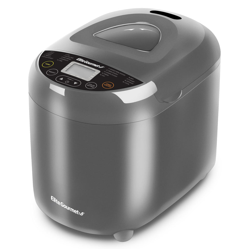 Elite Gourmet bread maker ceramic pan close-up showing PFAS-free coating for easy cleaning.