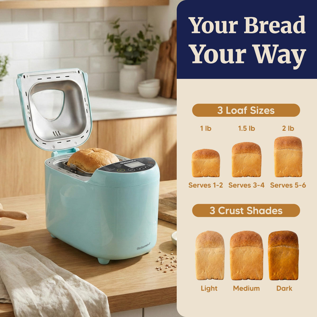 Elite Gourmet bread maker compact design occupying minimal counter space.