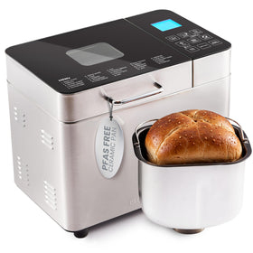 Elite Gourmet bread maker with glass-top panel for easy viewing.