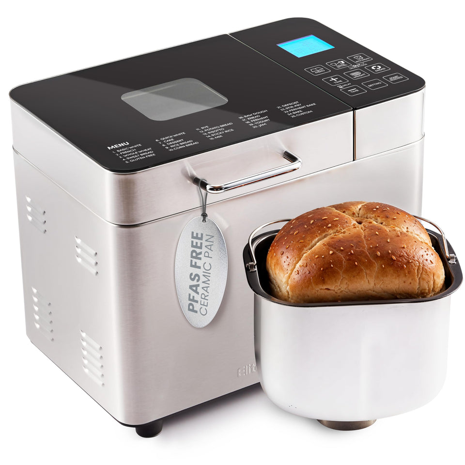 Elite Gourmet bread maker with glass-top panel for easy viewing.