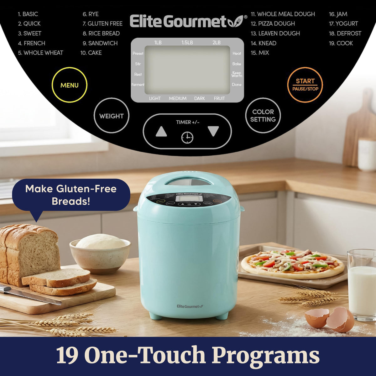 Elite Gourmet bread maker keep-warm function maintaining loaf temperature after baking.