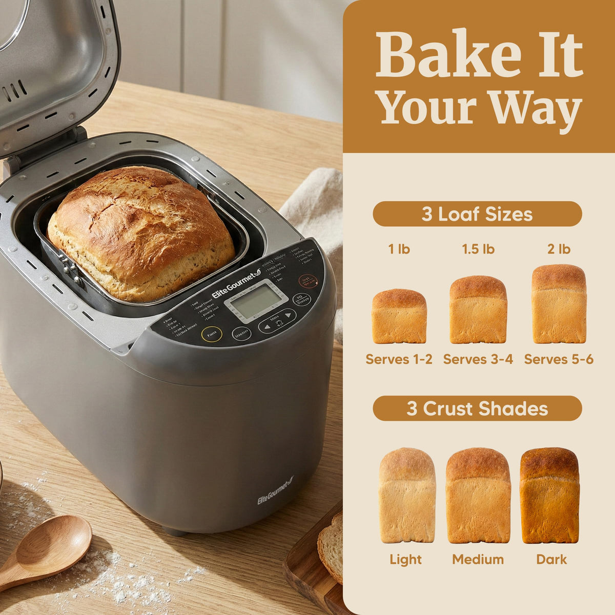 Three loaf sizes show flexible baking for daily meals.