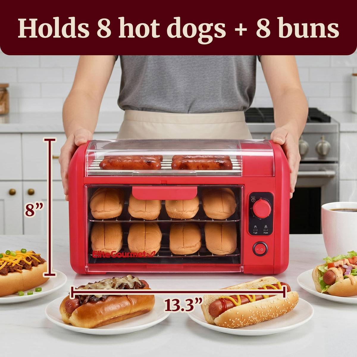 Elite Gourmet bun warmer on two racks for quick prep.