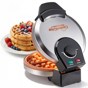 Elite Gourmet CeramiCrisp waffle maker with ceramic nonstick plates for easy release and quick cleanup.