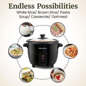 Compact design of Elite Gourmet rice cooker fits small kitchens.