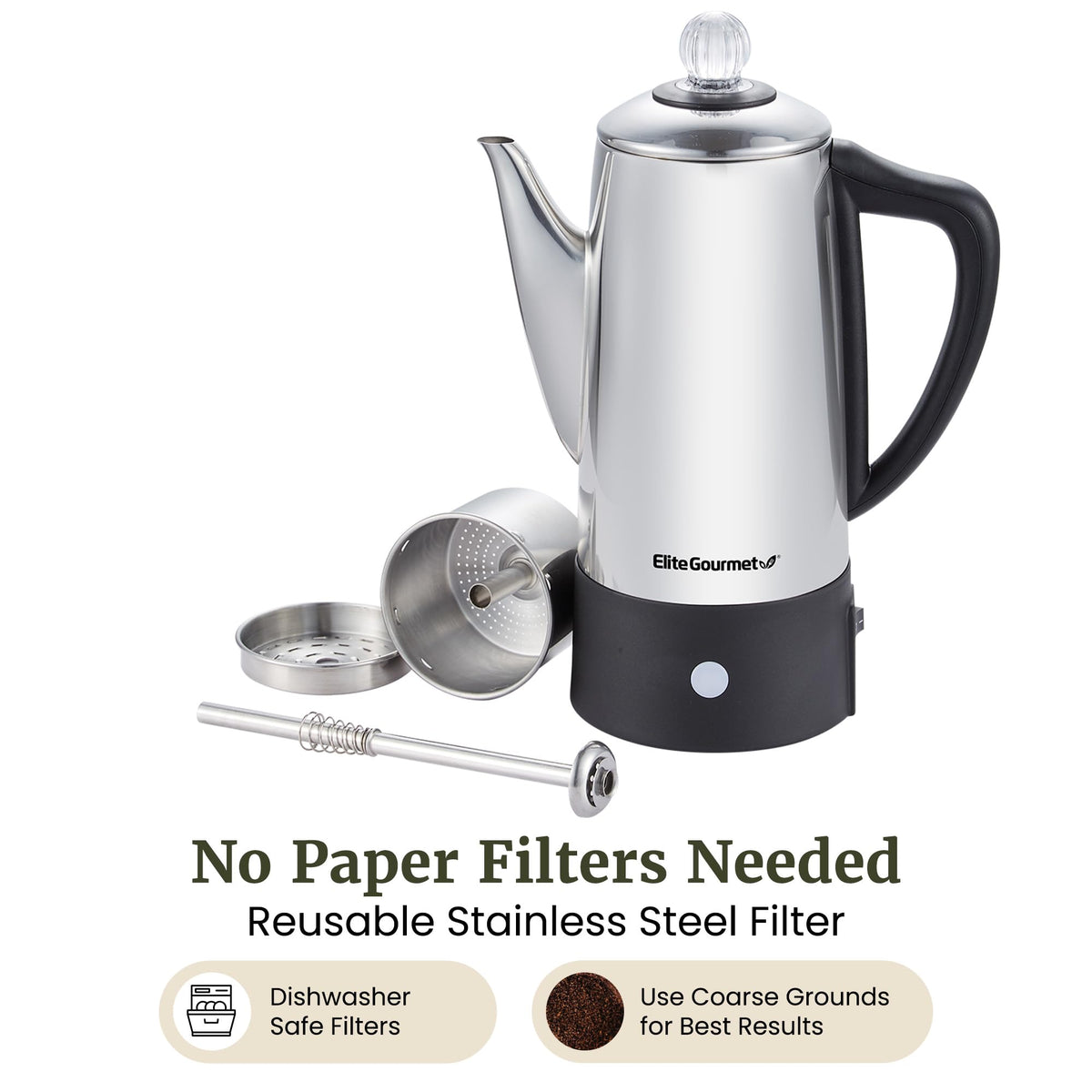 Elite Gourmet cordless serving base enables easy table-side pouring.