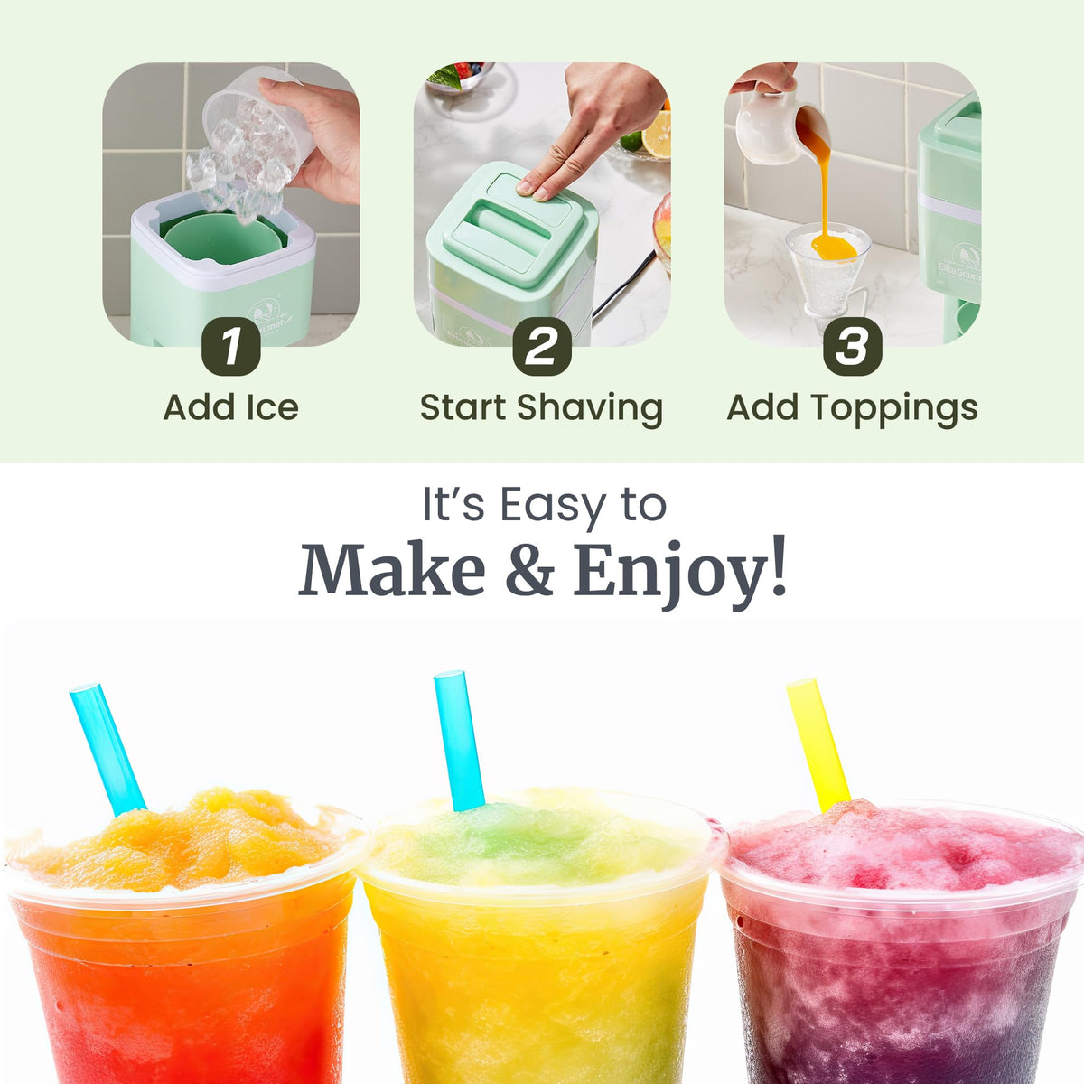 Elite Gourmet cup or bowl setup on the base enables simple, hands-free operation.