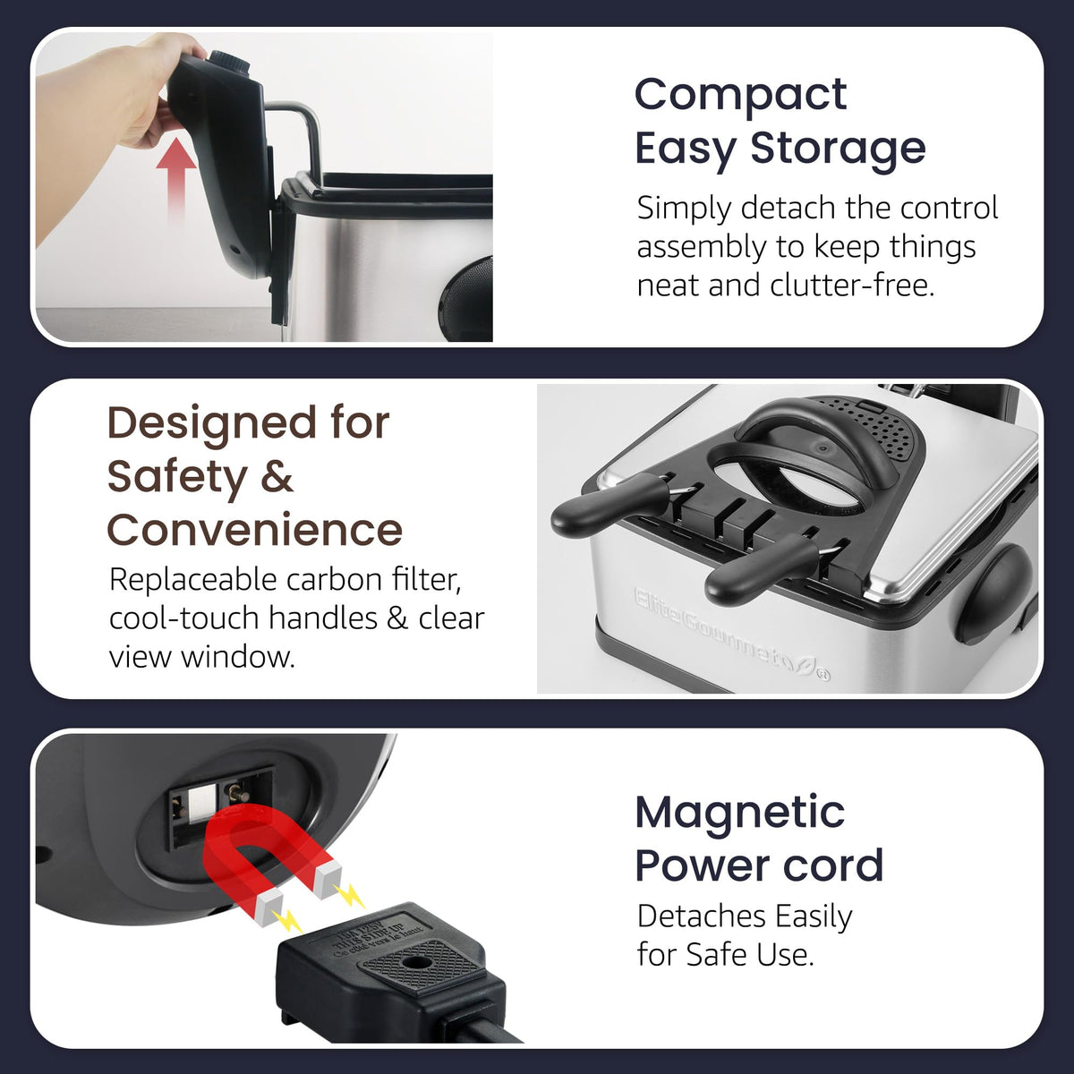 Elite Gourmet deep fryer cool-touch handles for safe handling