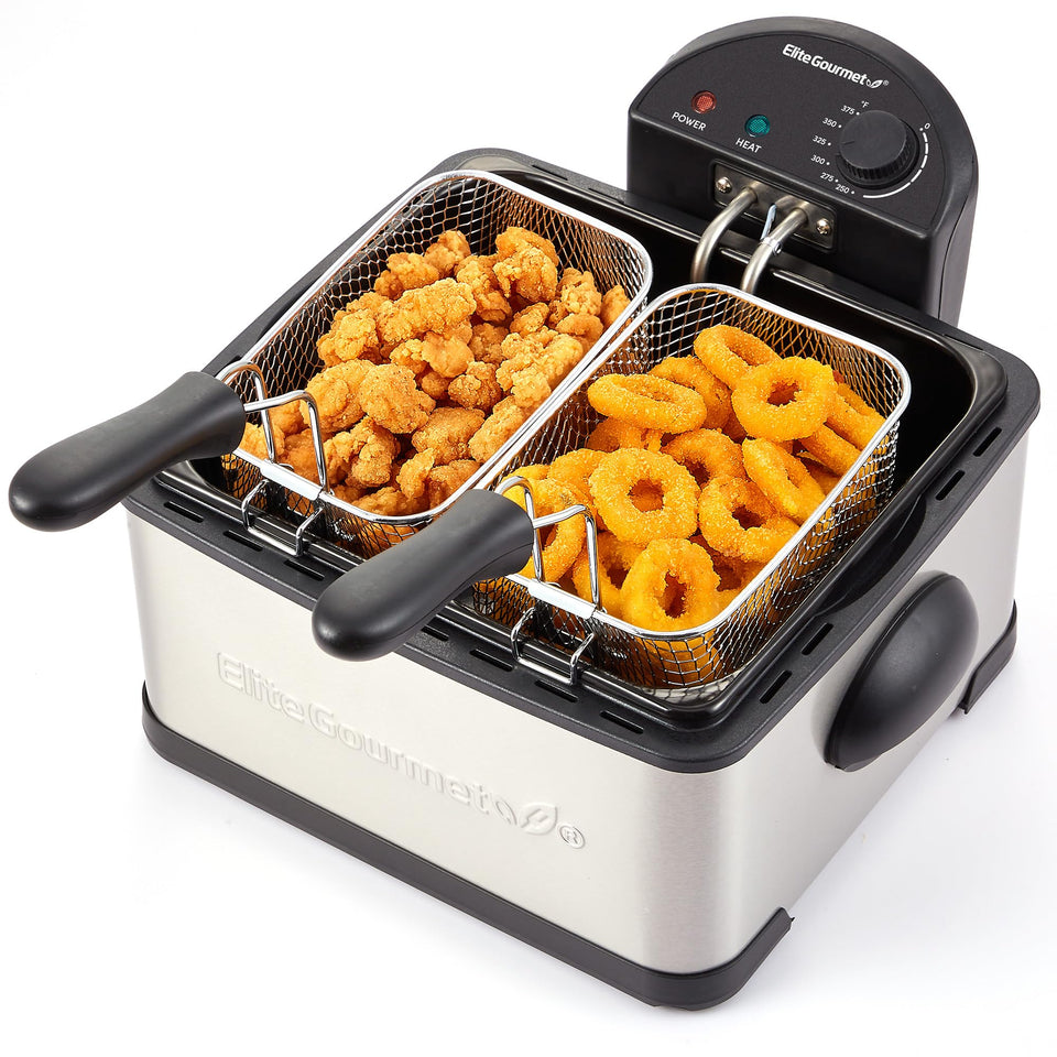 Elite Gourmet deep fryer showing dual-zone baskets for separate frying and flavor control