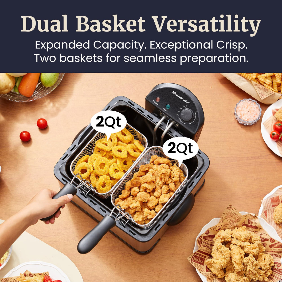 Elite Gourmet deep fryer with enamel coating for easy cleaning and oil management