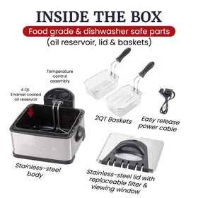 Elite Gourmet deep fryer stainless steel lid with anti-odor filter for contained frying