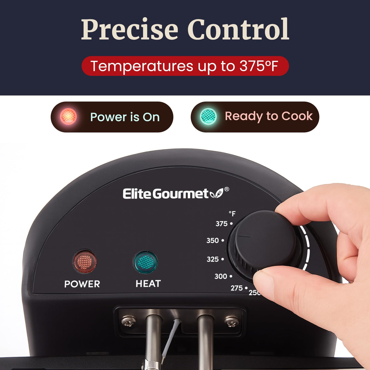 Elite Gourmet deep fryer thermostat set to 375°F for customizable frying temps
