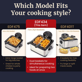 Elite Gourmet deep fryer two-basket design and shared oil capacity for efficient cooking