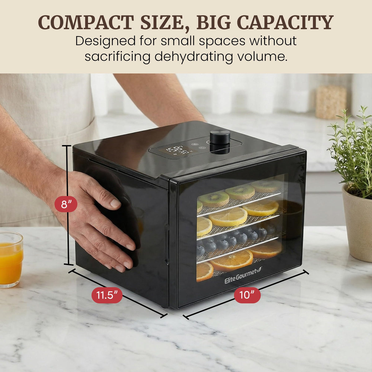 Elite Gourmet dehydrator bottom-mounted fan delivers consistent heat