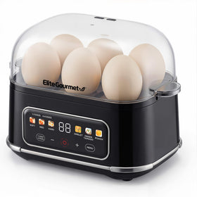 Elite Gourmet Digital Egg Cooker showing 6-egg capacity for quick family breakfasts.