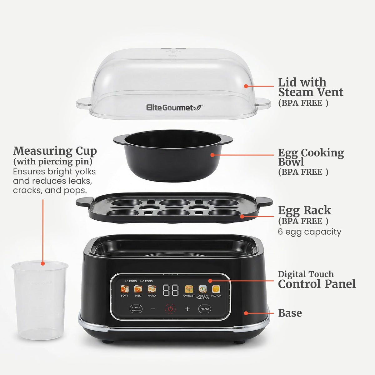 Elite Gourmet Digital Egg Cooker hard-boiled eggs with firm whites.