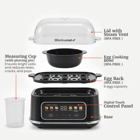 Elite Gourmet Digital Egg Cooker hard-boiled eggs with firm whites.