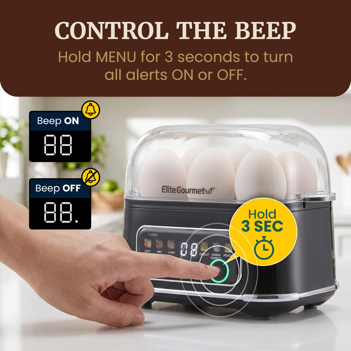 Elite Gourmet Digital Egg Cooker medium-boiled setting for balanced texture.