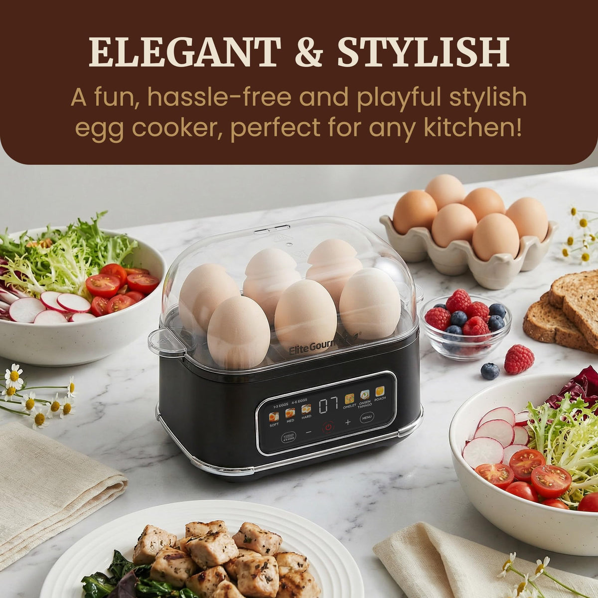 Elite Gourmet Digital Egg Cooker one-touch display simplifies cooking.