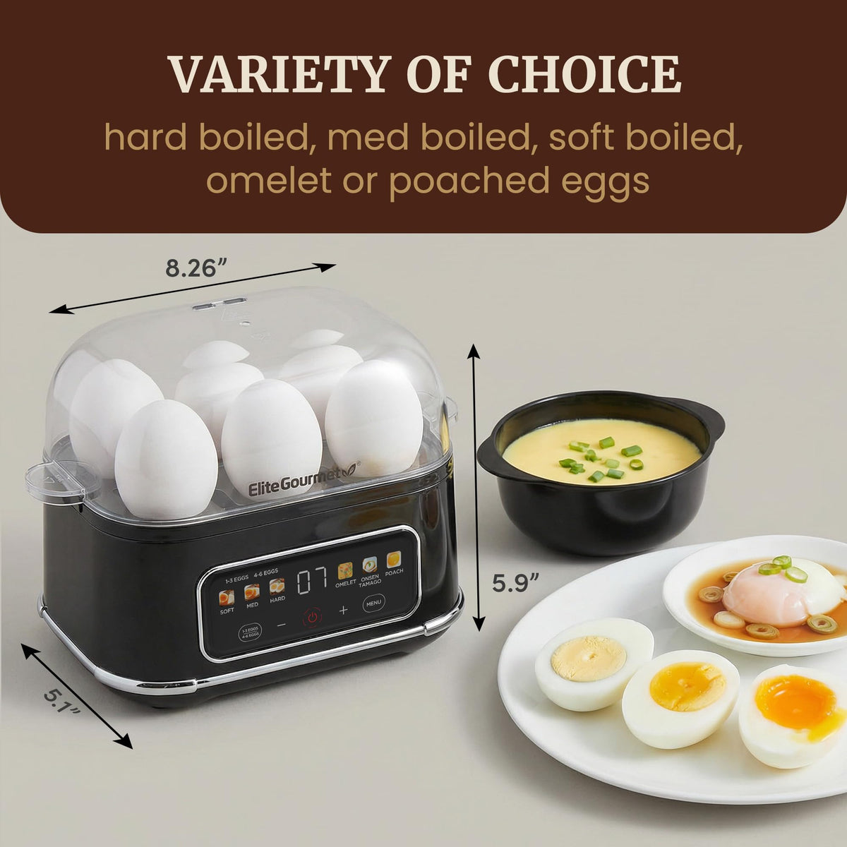 Elite Gourmet Digital Egg Cooker with Onsen Tamago for silky yolks.
