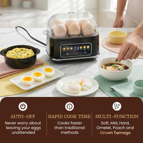 Elite Gourmet Digital Egg Cooker poached eggs with clean shapes.