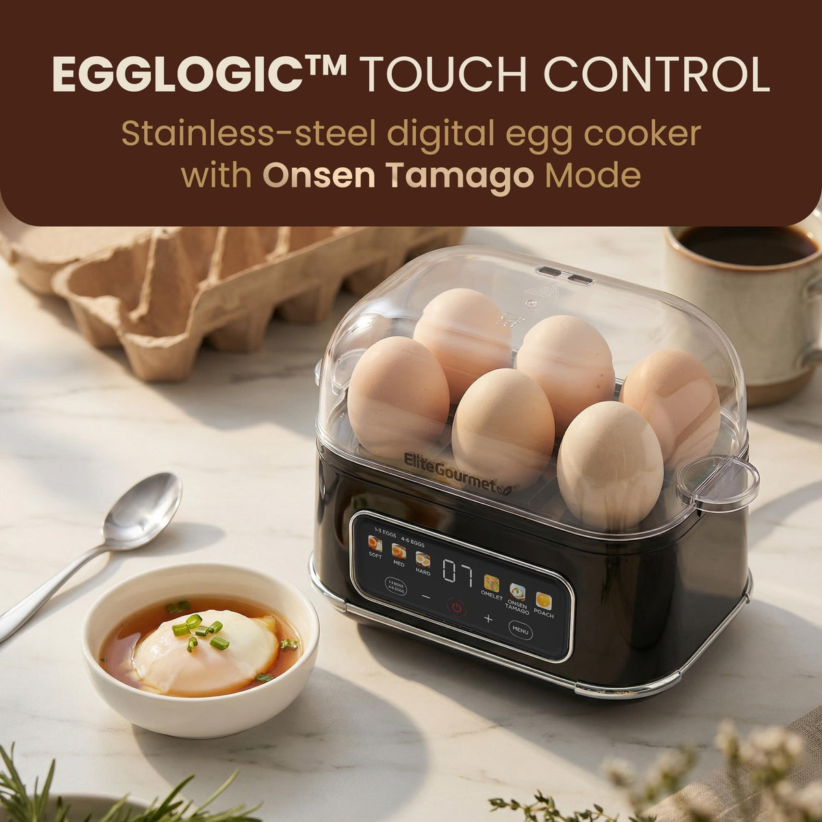 Elite Gourmet Digital Egg Cooker soft-boiled setting for creamy yolks.