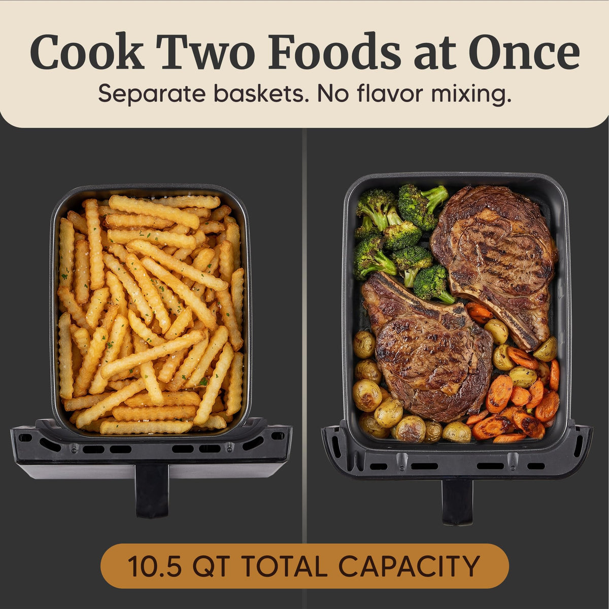 Elite Gourmet dual stacked air fryer bottom basket ready for larger batches.
