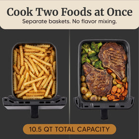 Elite Gourmet dual stacked air fryer bottom basket ready for larger batches.