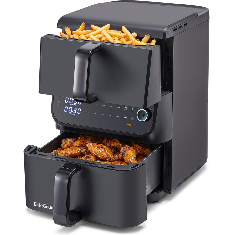 Elite Gourmet dual stacked air fryer top basket for versatile meal prep.