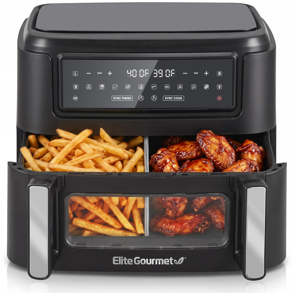 Elite Gourmet dual-zone divider showing multitasking capability for two independent zones