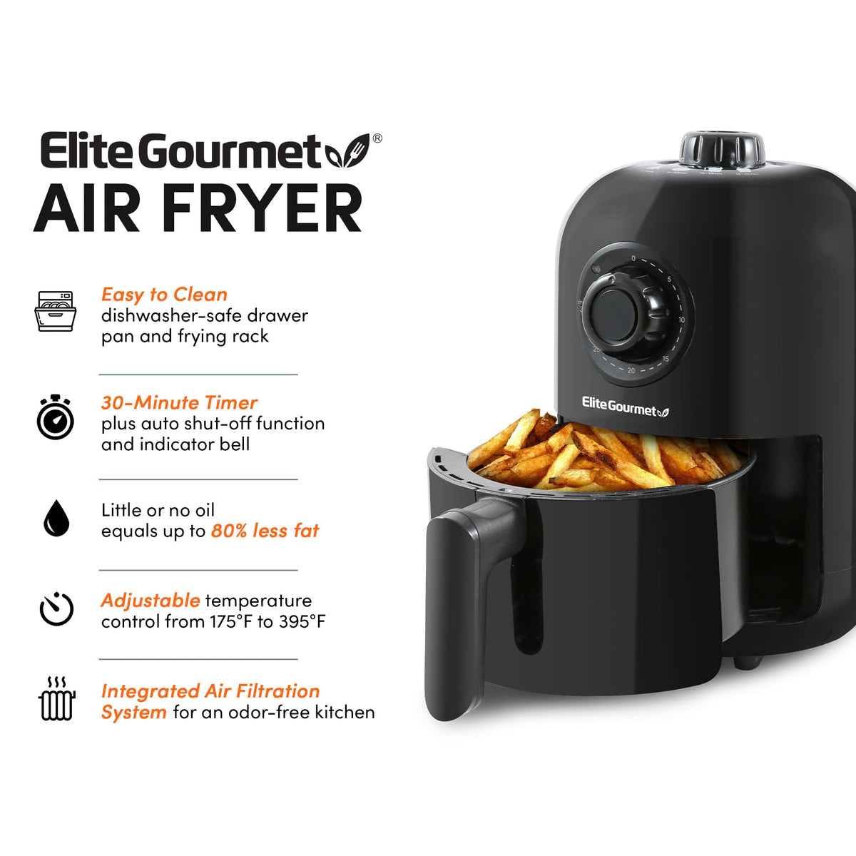 Elite Gourmet EAF1121 front view highlighting 1000W power for fast cooking
