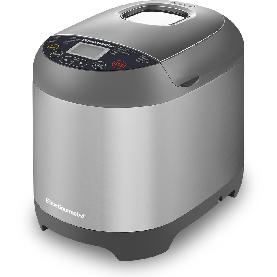 Elite Gourmet EBM8103SS bread machine lid shows durable stainless finish for steady baking