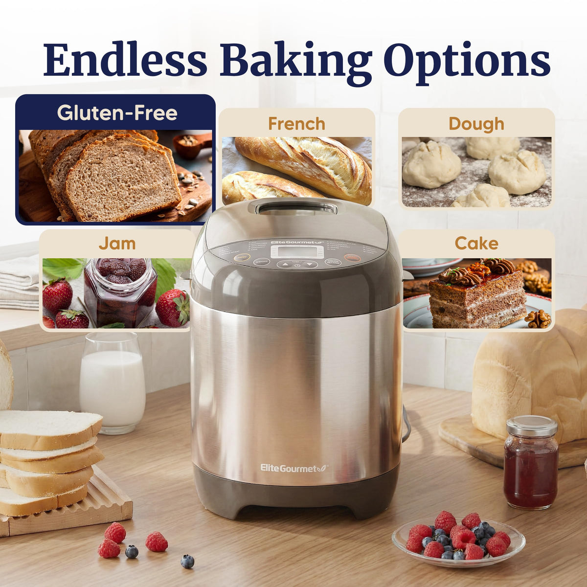 Elite Gourmet EBM8103SS control panel with presets for easy bread making