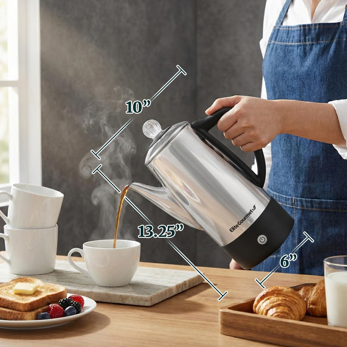 Cool-touch handle on Elite Gourmet EC812 for safe pouring.