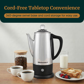 Cordless serve base of Elite Gourmet EC812 enables table-side coffee service.