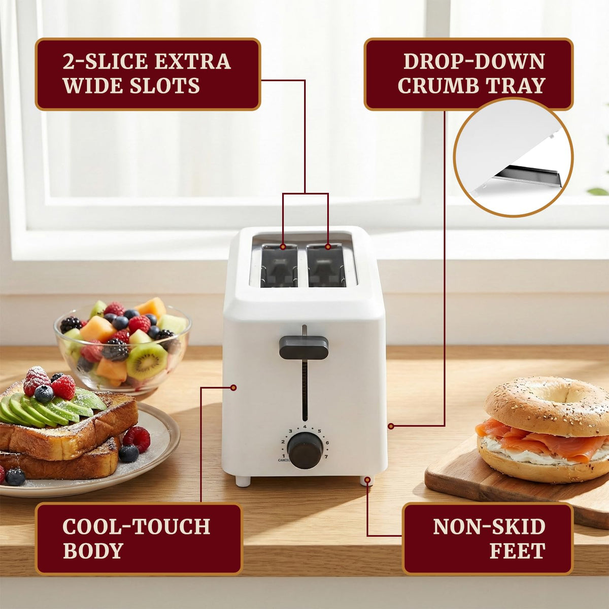 Elite Gourmet ECT-1027 one-point-five-inch slots fit bagels, waffles, and pastries.