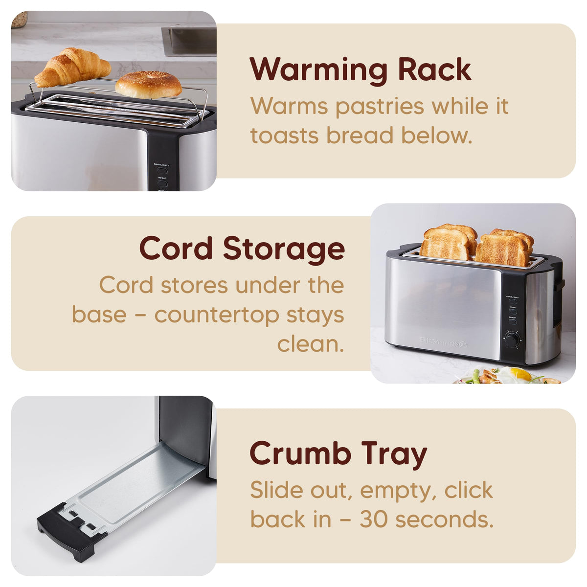 36-inch cord storage keeps Elite Gourmet ECT-3100 cords tidy