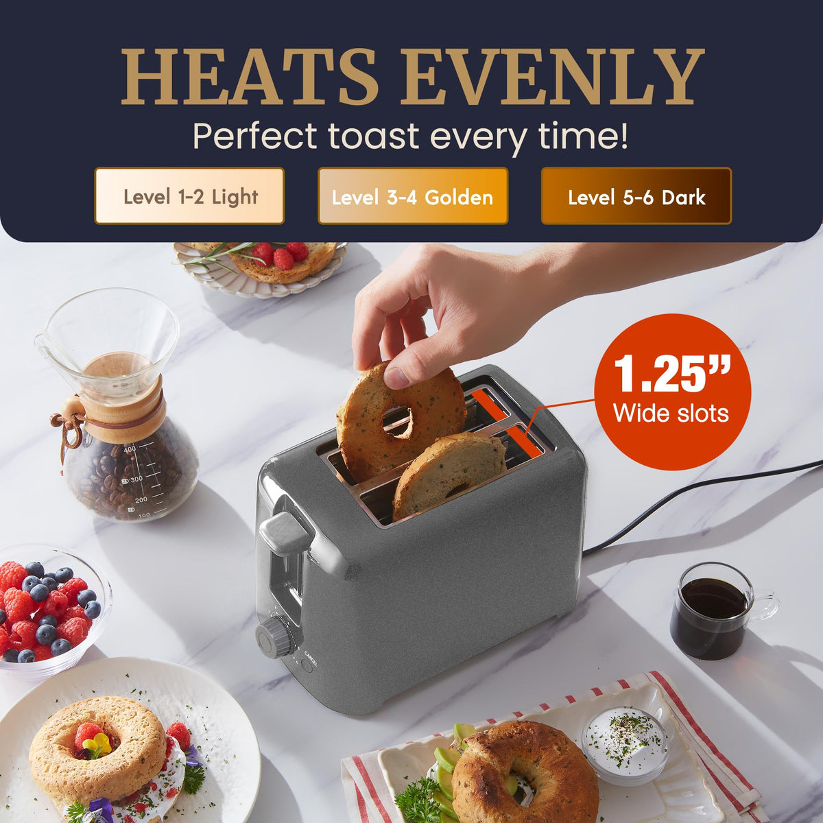 Elite Gourmet ECT1027G bagels and muffins toast evenly for everyday breakfasts.