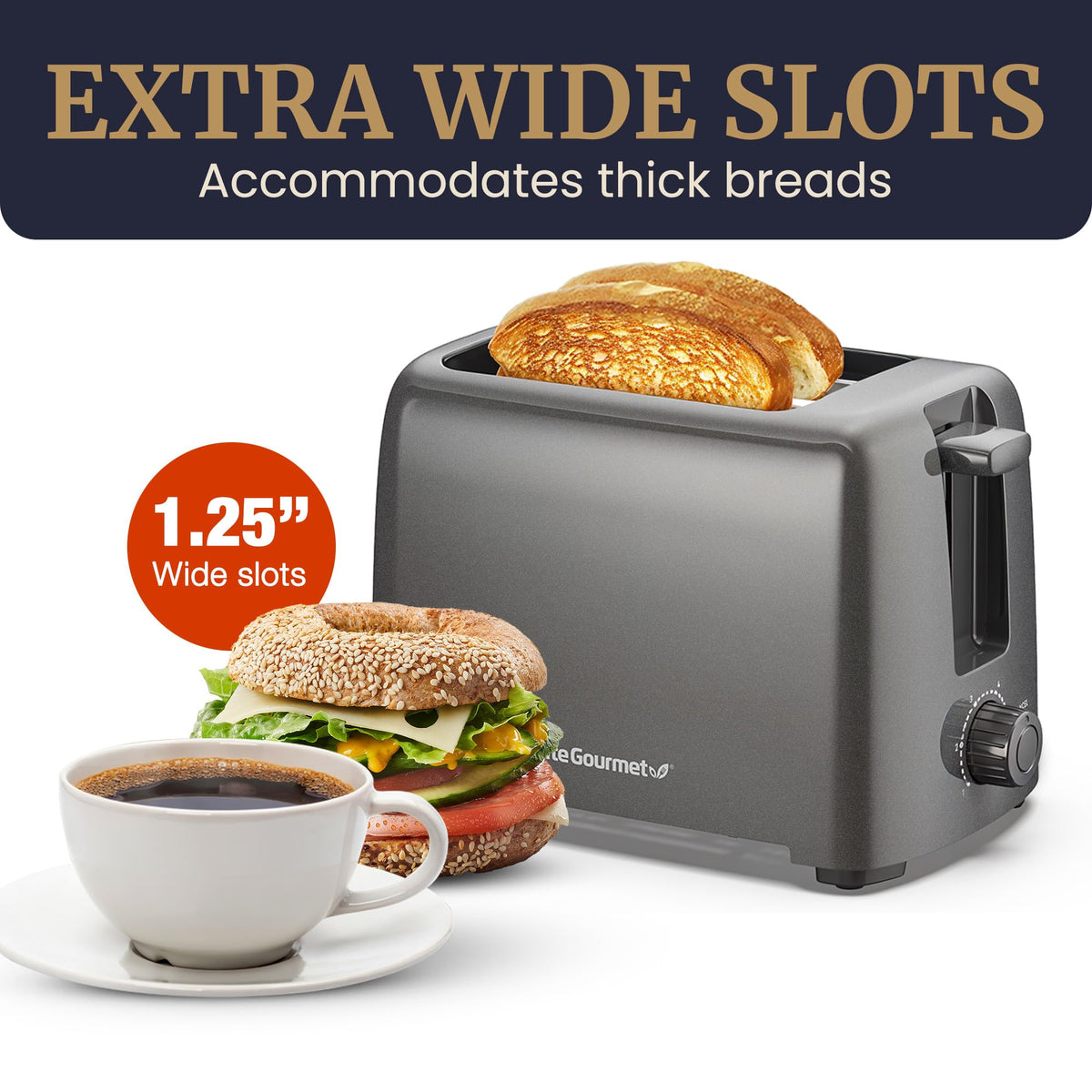 Elite Gourmet ECT1027G compact toaster fits small kitchens and saves counter space.