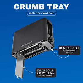 Elite Gourmet ECT118B drop-down crumb tray for quick cleanup.