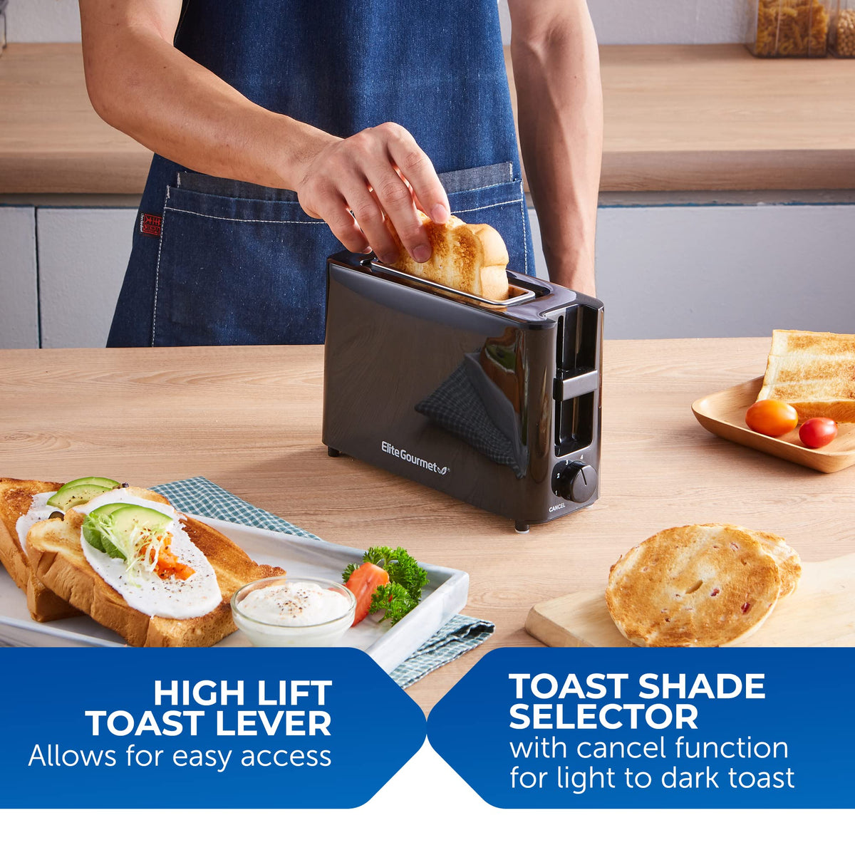 Elite Gourmet ECT118B self-centering guides ensure even browning on each slice.