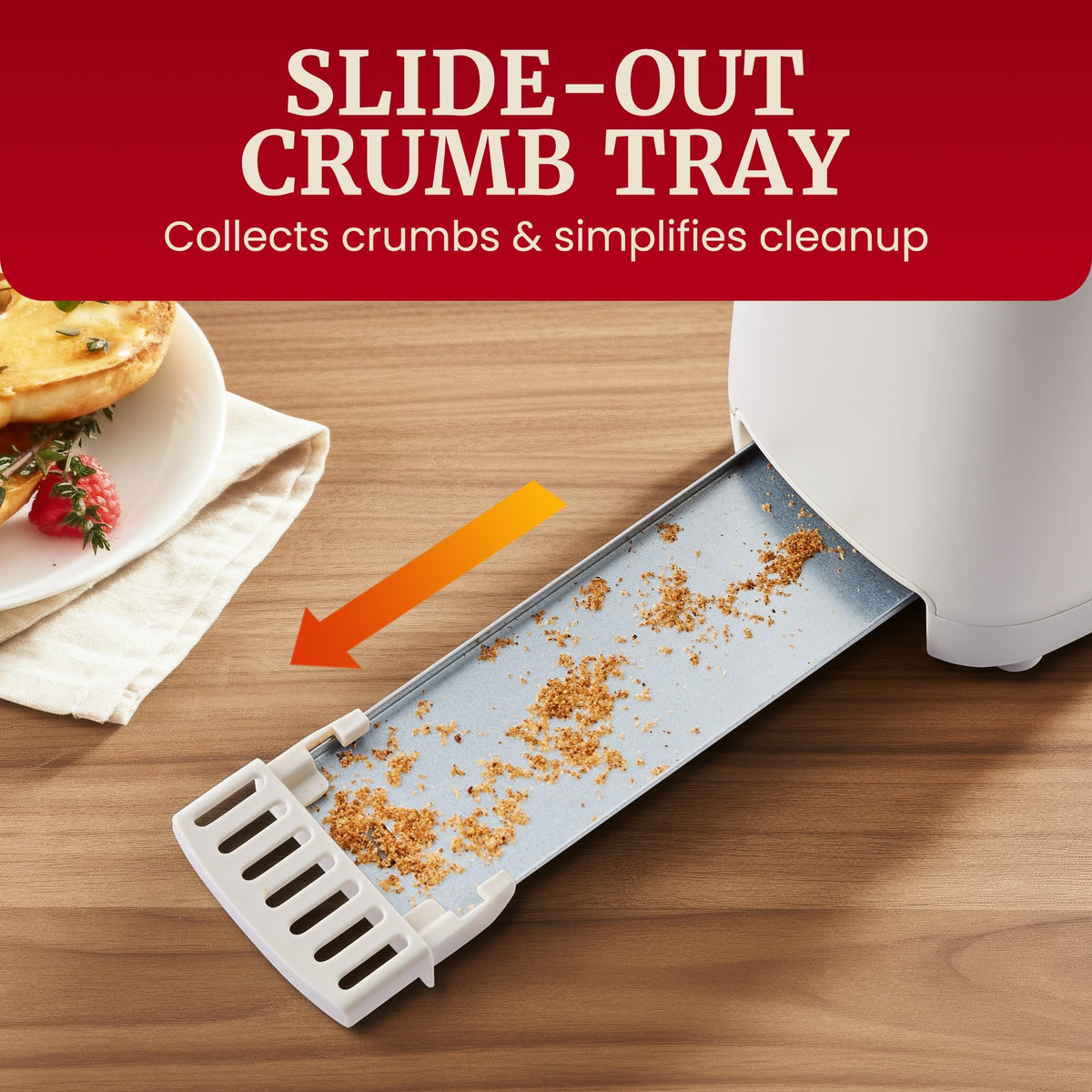Elite Gourmet ECT2517C easy-clean crumb tray for quick maintenance