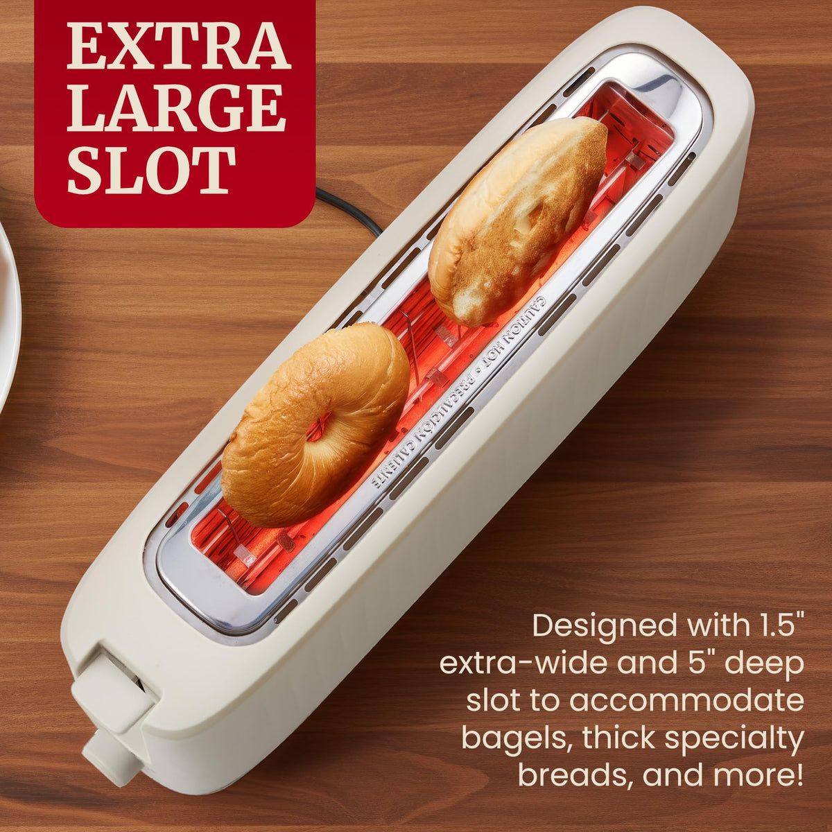 Elite Gourmet ECT2517C automatic self-centering guides ensure even browning