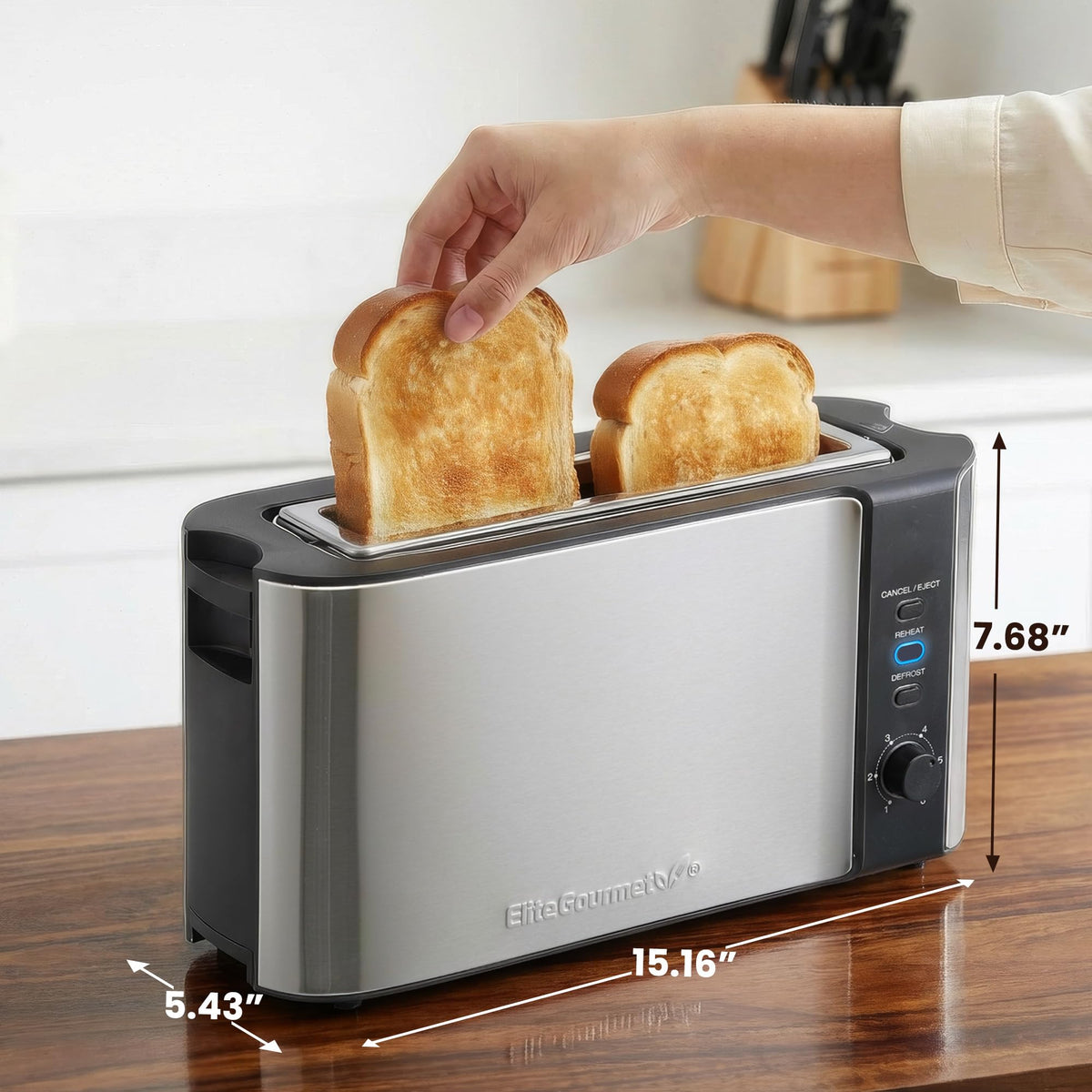 Elite Gourmet ECT3200 defrost setting for frozen bread and even browning.